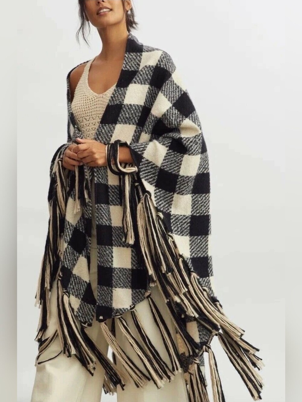 Anthropologie Maeve Buffalo Check Fringe Shawl Whimsigoth Boho Cozy Cape OS